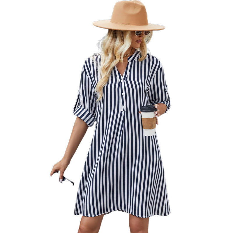 Damen gestreiftes Button-Down Hemdkleid EB