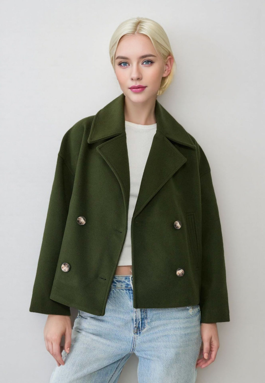 Damen nan kurzes doppeltreihiges Wollmix-Manteljacke im Boxy-Cut mit weitem Reverskragen EB