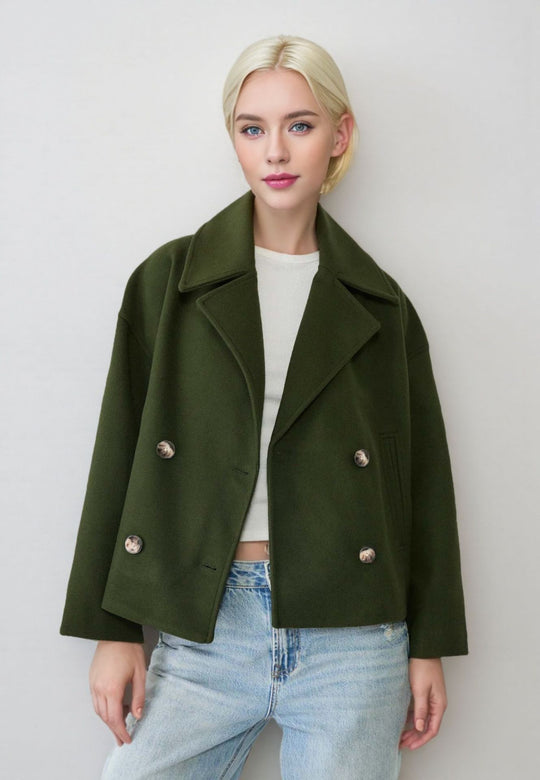 Damen nan kurzes doppeltreihiges Wollmix-Manteljacke im Boxy-Cut mit weitem Reverskragen EB