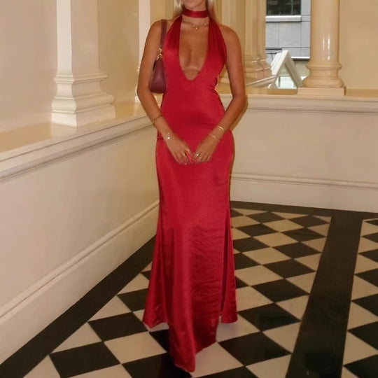 Damen Elegantes Maxikleid mit tiefem V-Ausschnitt und schmalem Bindegürtel EB