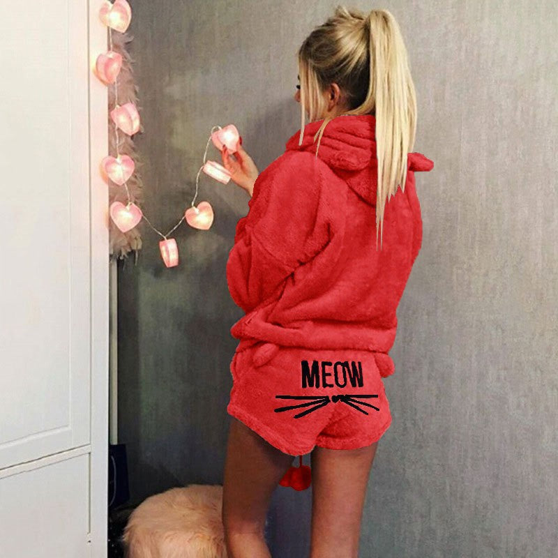 Damen nan kuscheliges zweiteiliges Lounge-Set mit Kapuzenpullover und Shorts mit MEOW-Stickerei EB