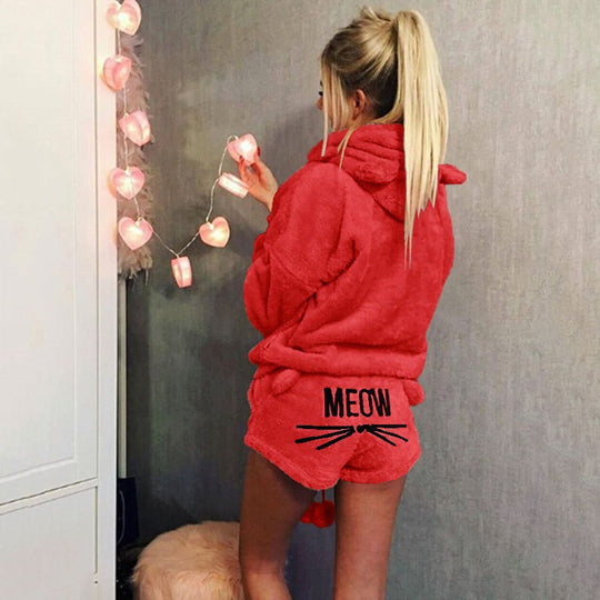 Damen nan kuscheliges zweiteiliges Lounge-Set mit Kapuzenpullover und Shorts mit MEOW-Stickerei EB