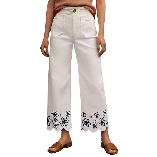 Damen Weite Culotte-Jeans mit gesticktem Blumenmuster EB