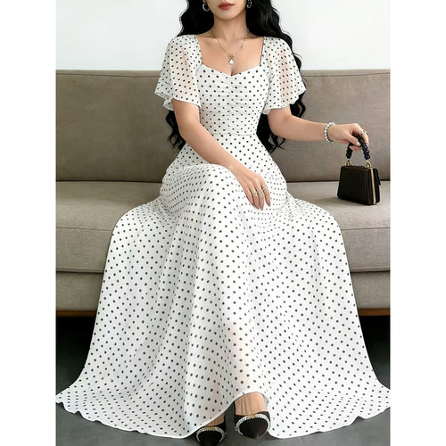 Damen Maxikleid mit voluminösen Rüschenschultern und vintage Punktedesign EB