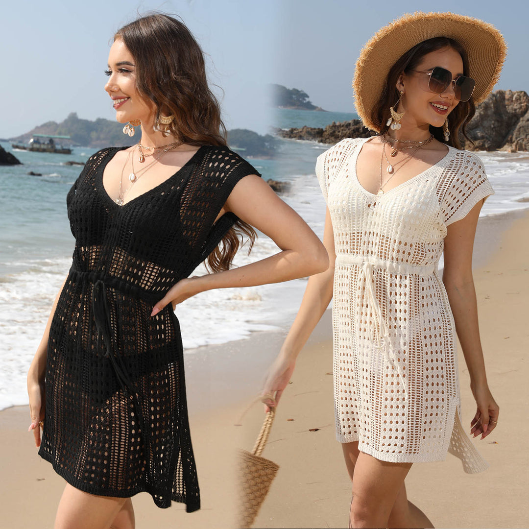 Damen Häkel-Strandkleid mit tiefem V-Ausschnitt und elastischem Bund EB