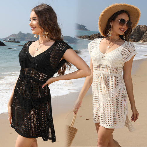 Damen Häkel-Strandkleid mit tiefem V-Ausschnitt und elastischem Bund EB