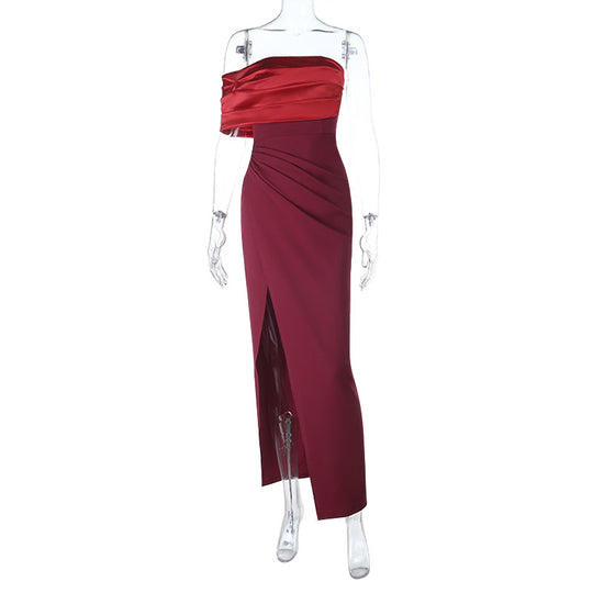 Damen schulterfreies Abendkleid mit elegantem Drapierungseffekt und hohem Schlitz EB