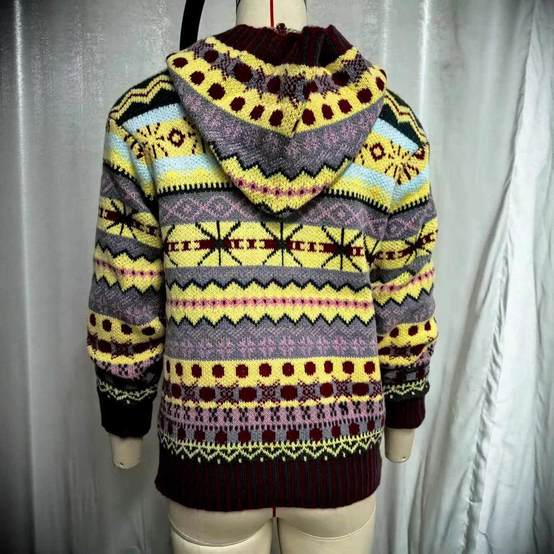 Damen nan oversized Strickkapuzenpullover mit Norwegermuster, gefütterter Kapuze und gerippten Bündchen EB