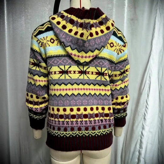 Damen nan oversized Strickkapuzenpullover mit Norwegermuster, gefütterter Kapuze und gerippten Bündchen EB