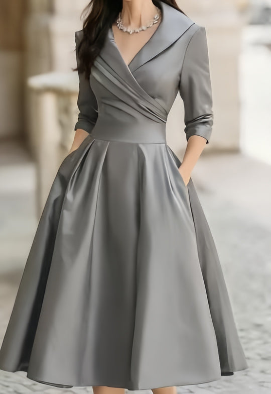 Damen nan elegantes Midikleid mit Wickeloberteil, Dreiviertelärmeln und Eingrifftaschen EB