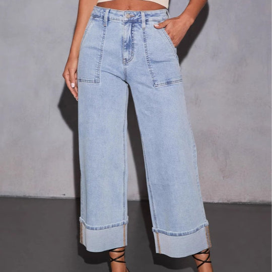 Damen nan Highwaist-Culotte-Jeans mit weitem Bein, aufgesetzten Fronttaschen und markantem Umschlagbund EB