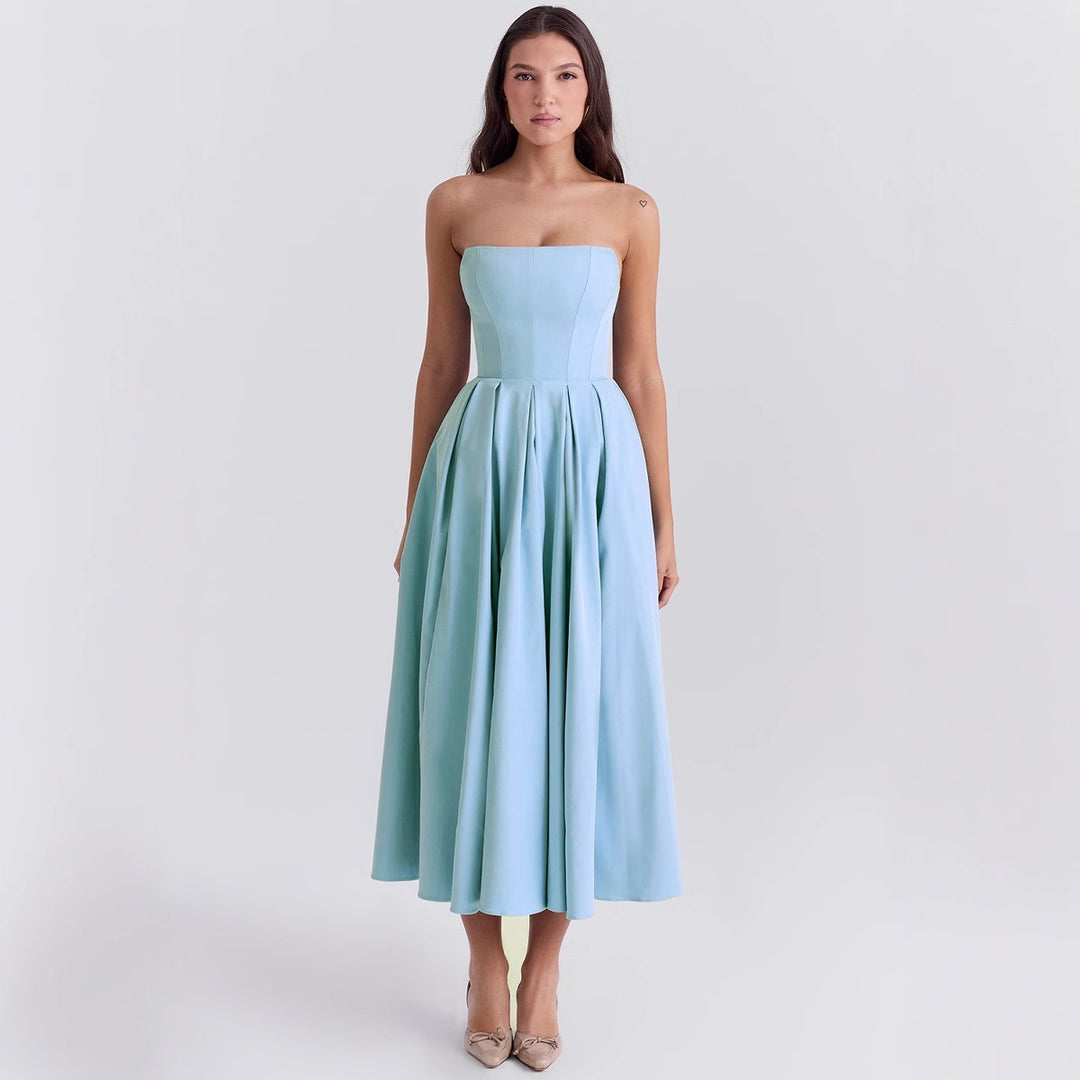Damen Taillesenkende Midi-Kleid mit schulterfreiem Design und eleganter Faltenstruktur EB