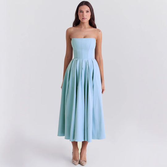 Damen Taillesenkende Midi-Kleid mit schulterfreiem Design und eleganter Faltenstruktur EB