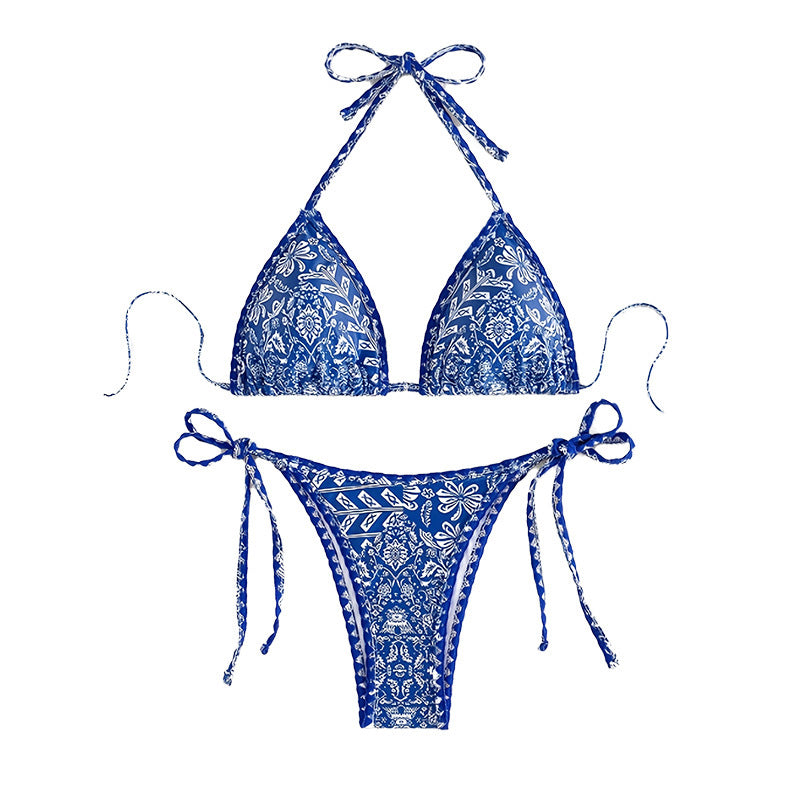Damen Triangel-Bikini mit verspieltem Floral-Muster und eleganten Bänder EB