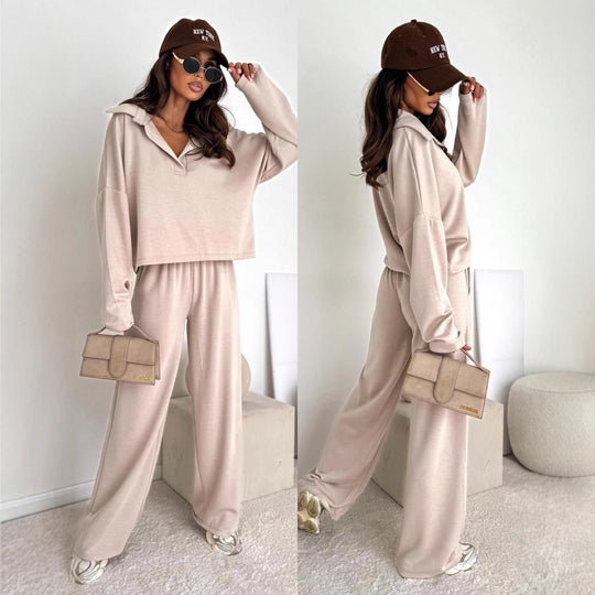 Damen Loungewear-Zweiteiler mit Hemdkragen-Cropped-Sweatshirt und weiter Palazzo-Hose Eichborn Berlin