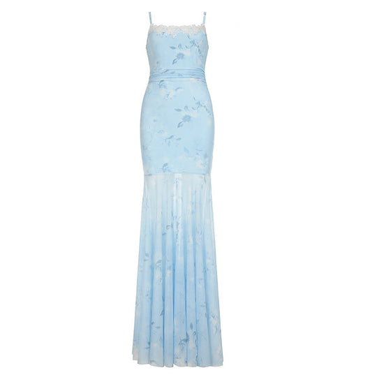 Damen Maxikleid mit floralem Druck und eleganter Spitzenborte EB