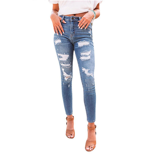 Damen nan hochgeschnittene Ripped-Skinny-Jeans mit Stretch, Five‑Pocket und figurformender Passform EB