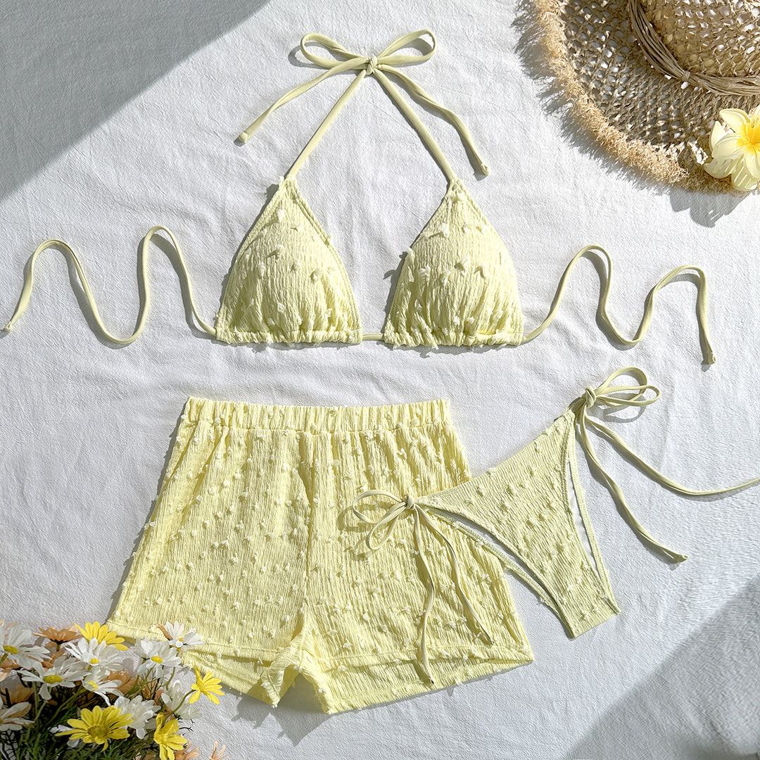 Damen Triangel-Bikini-Set mit eleganten Rüschendetails und passenden Shorts EB