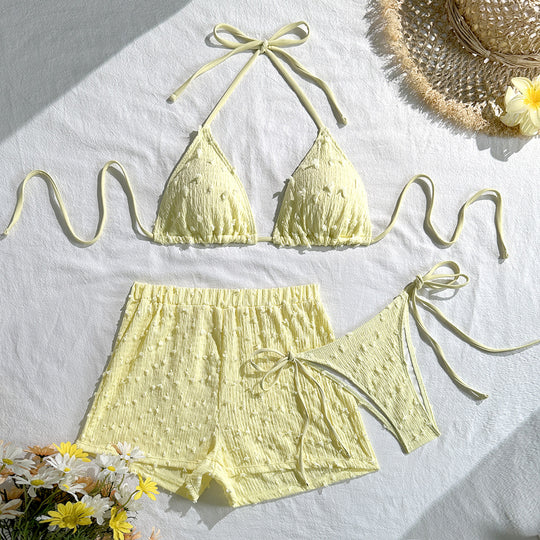 Damen Triangel-Bikini-Set mit eleganten Rüschendetails und passenden Shorts EB
