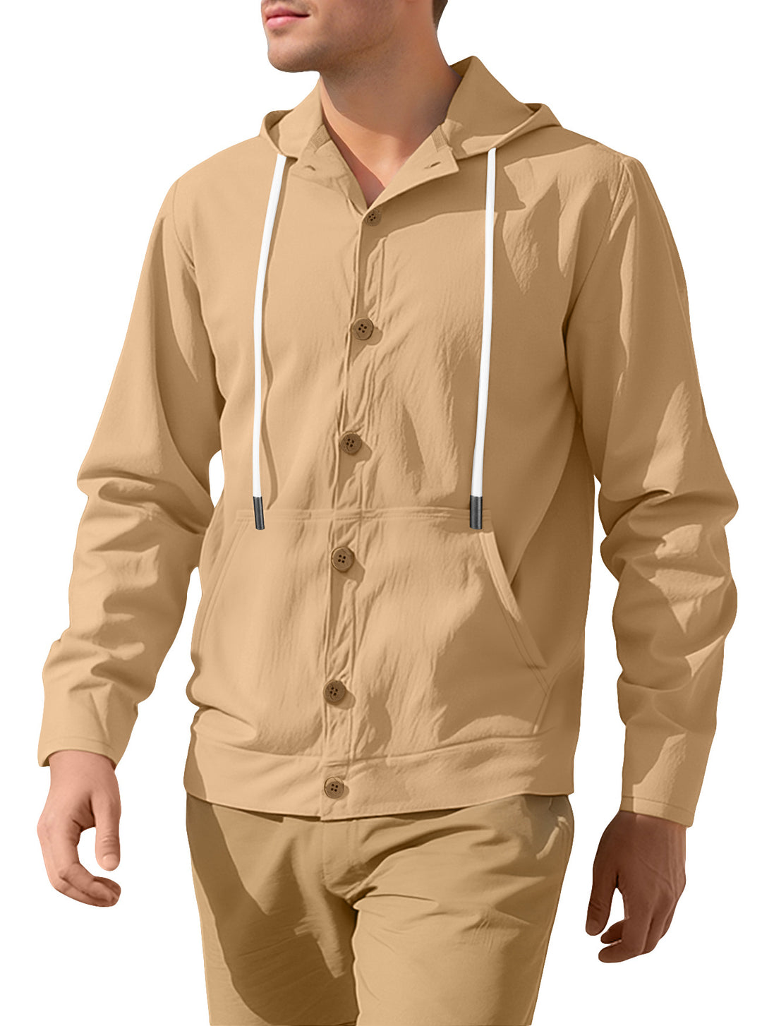 Herren nan schlanker Kapuzen-Cardigan mit durchgehender Knopfleiste aufgesetzter Kängurutasche und leichtem Strukturstrick EB
