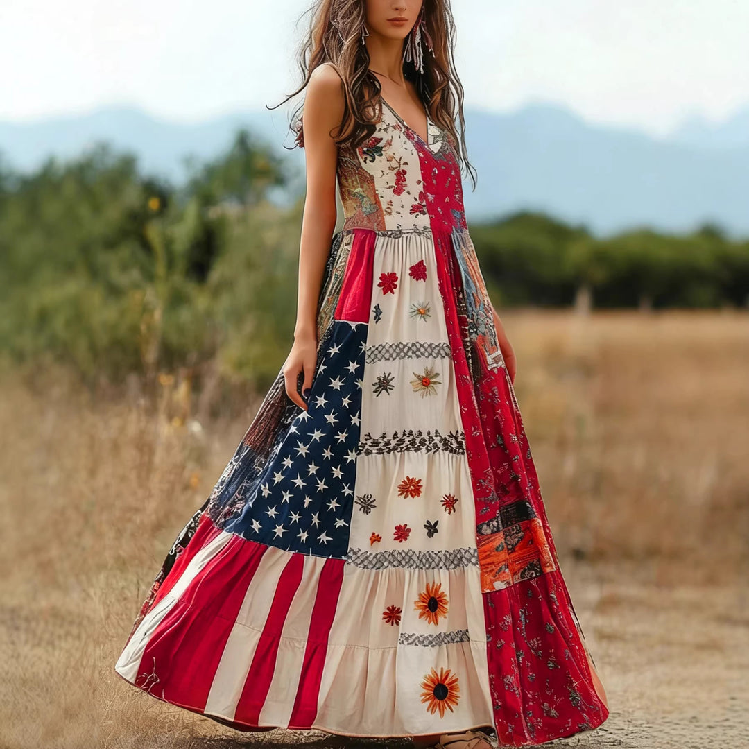 Damen Baumwoll Maxikleid mit Muster Mix und V-Ausschnitt EB
