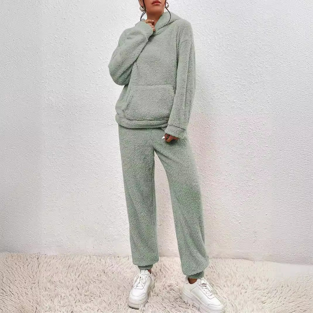 Damen nan kuscheliges Teddy-Fleece Hausanzug-Set mit Kapuze, Kängurutasche und elastischer Jogginghose EB
