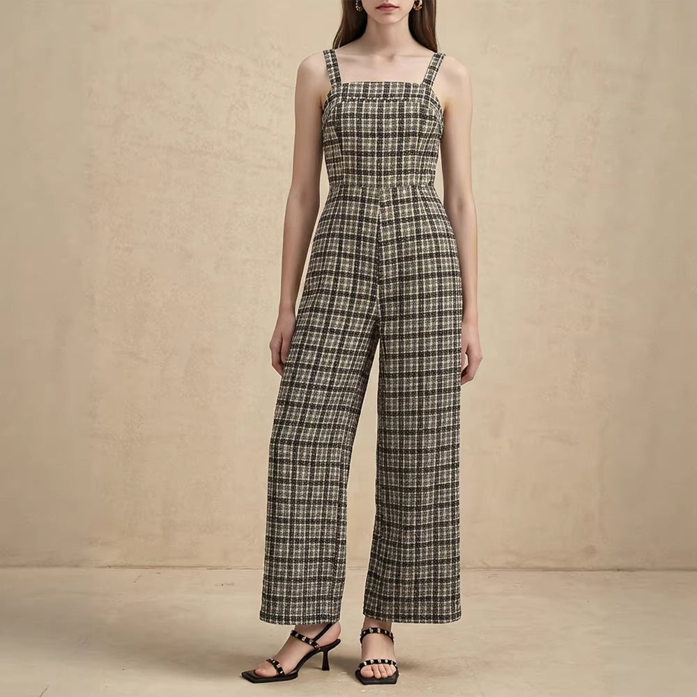 Damen Jumpsuit mit weiten Hosenbeinen und feinem Karomuster EB