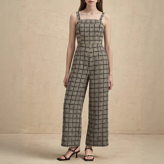 Damen Jumpsuit mit weiten Hosenbeinen und feinem Karomuster EB
