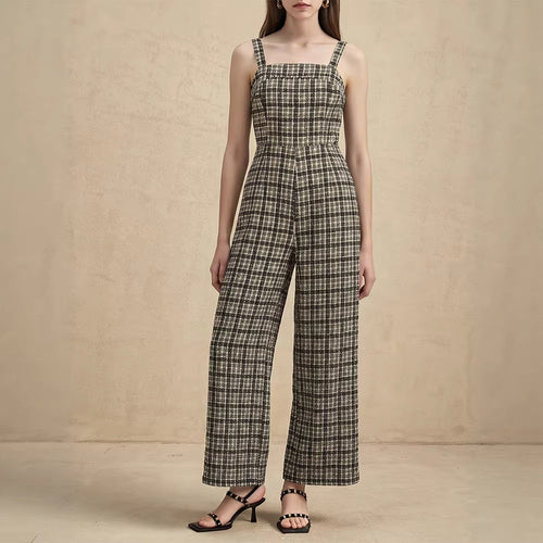 Damen Jumpsuit mit weiten Hosenbeinen und feinem Karomuster EB