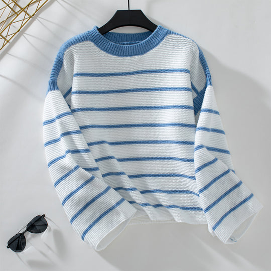 Damen lässiger Strickpullover mit blockierendem Streifenmuster und weitem Schnitt EB