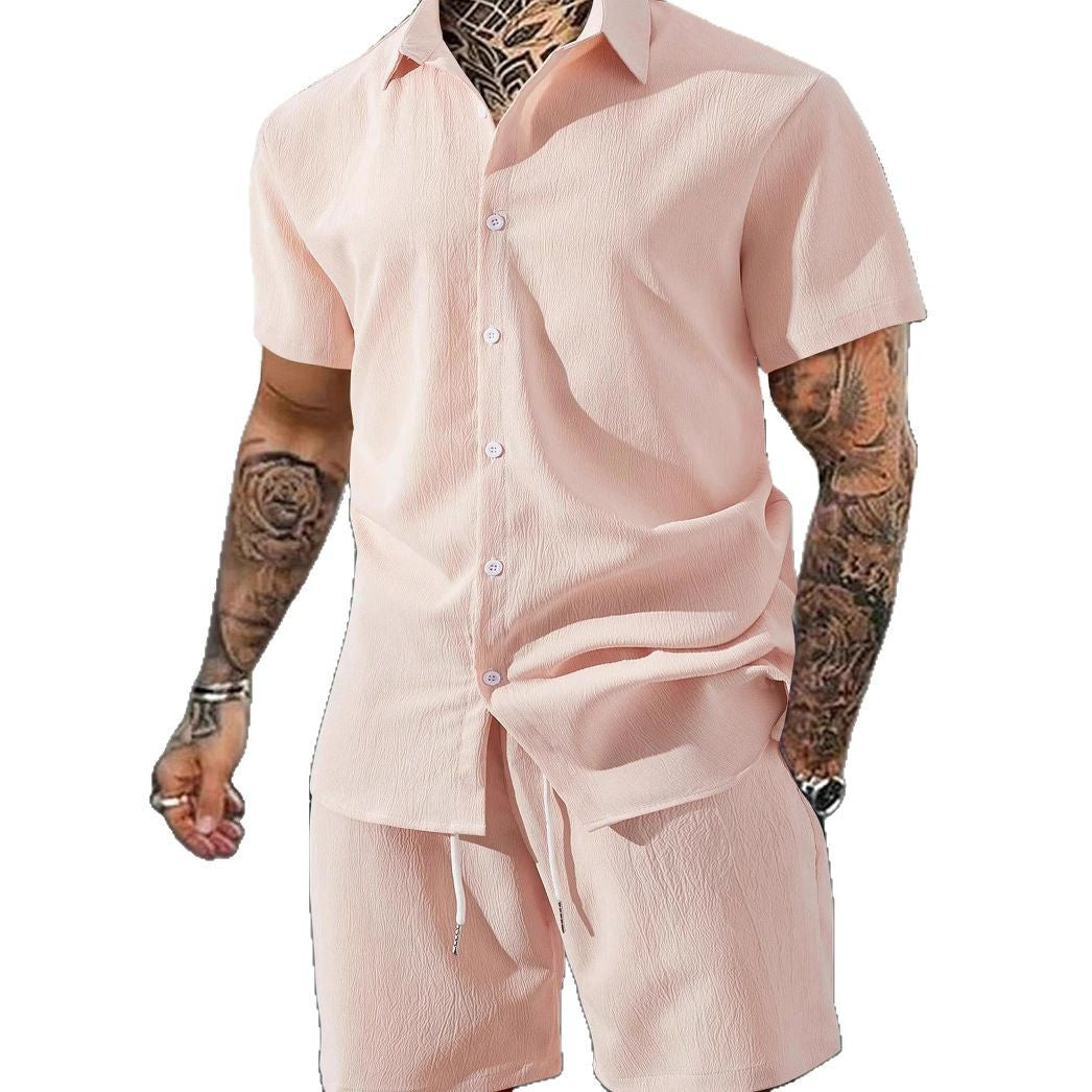 Herren lässiges Shorts-Set mit knöpfbarem Oberteil und elastischem Bund EB