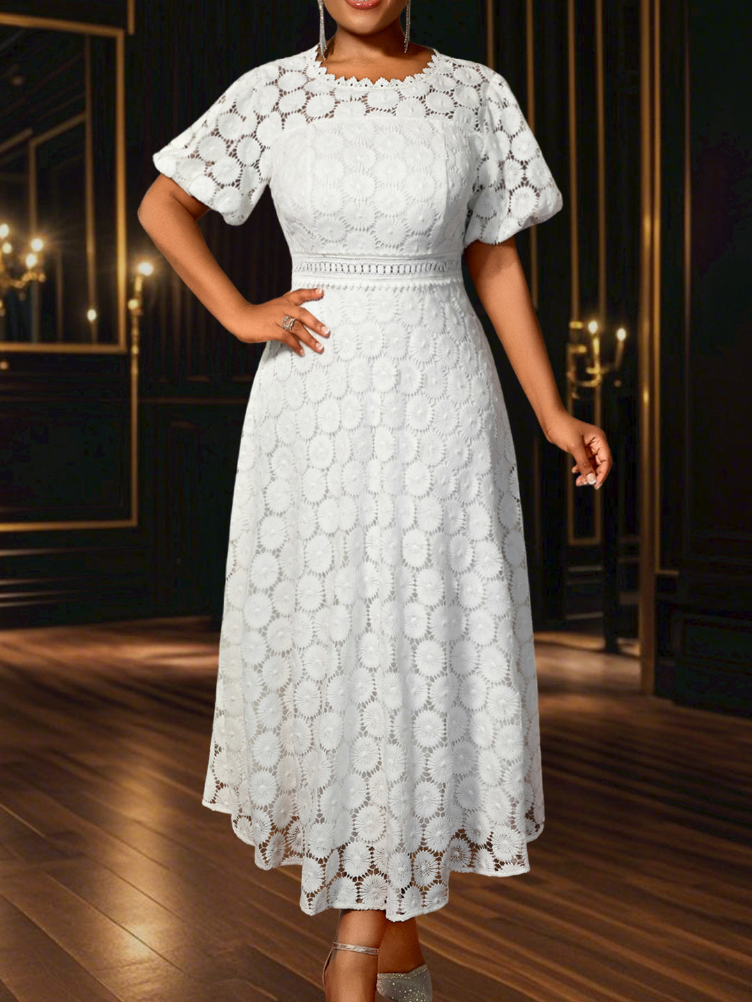 Damen Midi-Kleid mit eleganter Spitzenapplikation und Puffärmeln EB