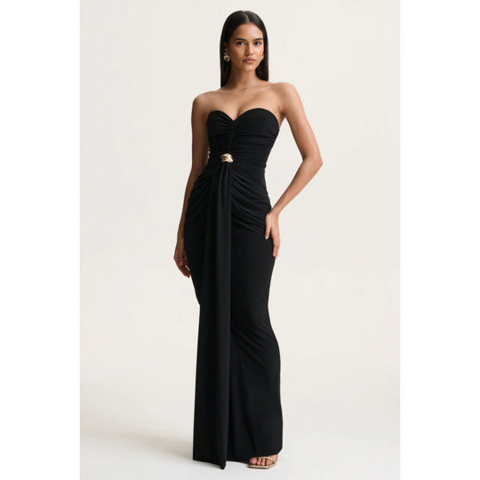Damen Elegantes langes Abendkleid mit gerafftem Oberteil und goldener Schnalle EB