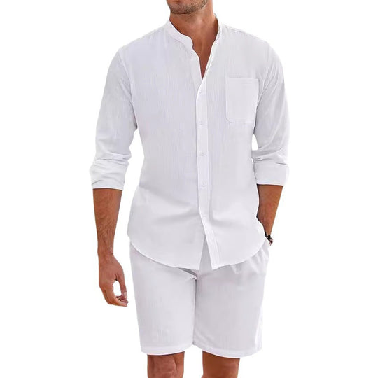 Herren nan Leinenoptik-Zweiteiler mit Stehkragen-Hemd, Brusttasche und legeren Shorts EB