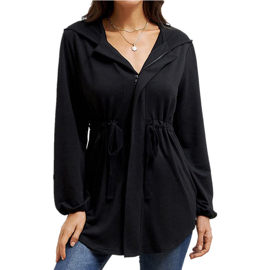 Damen lässige Oversized-Hemdjacke mit Kapuze und Taillenzug EB
