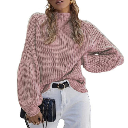 Damen Grobstrickpullover mit hohem Kragen und weitem Schnitt EB