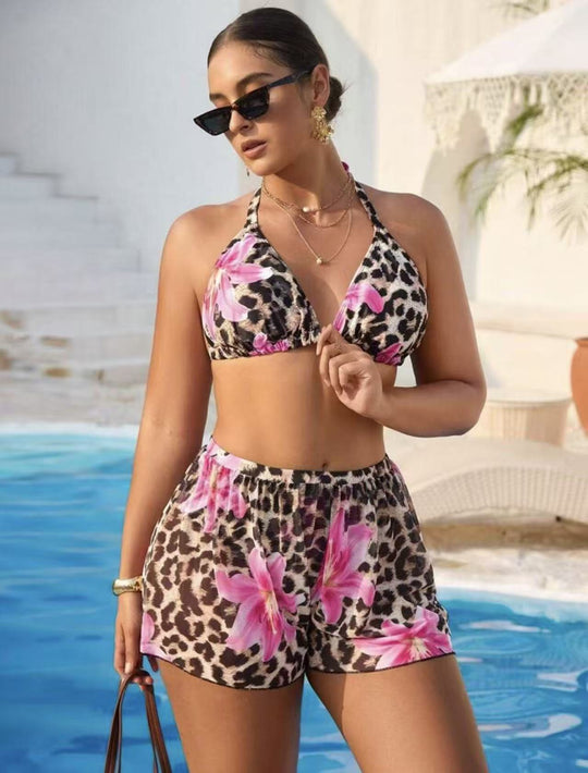 Damen Bikini-Set mit modischem Tiermuster und hoch taillierten Shorts EB