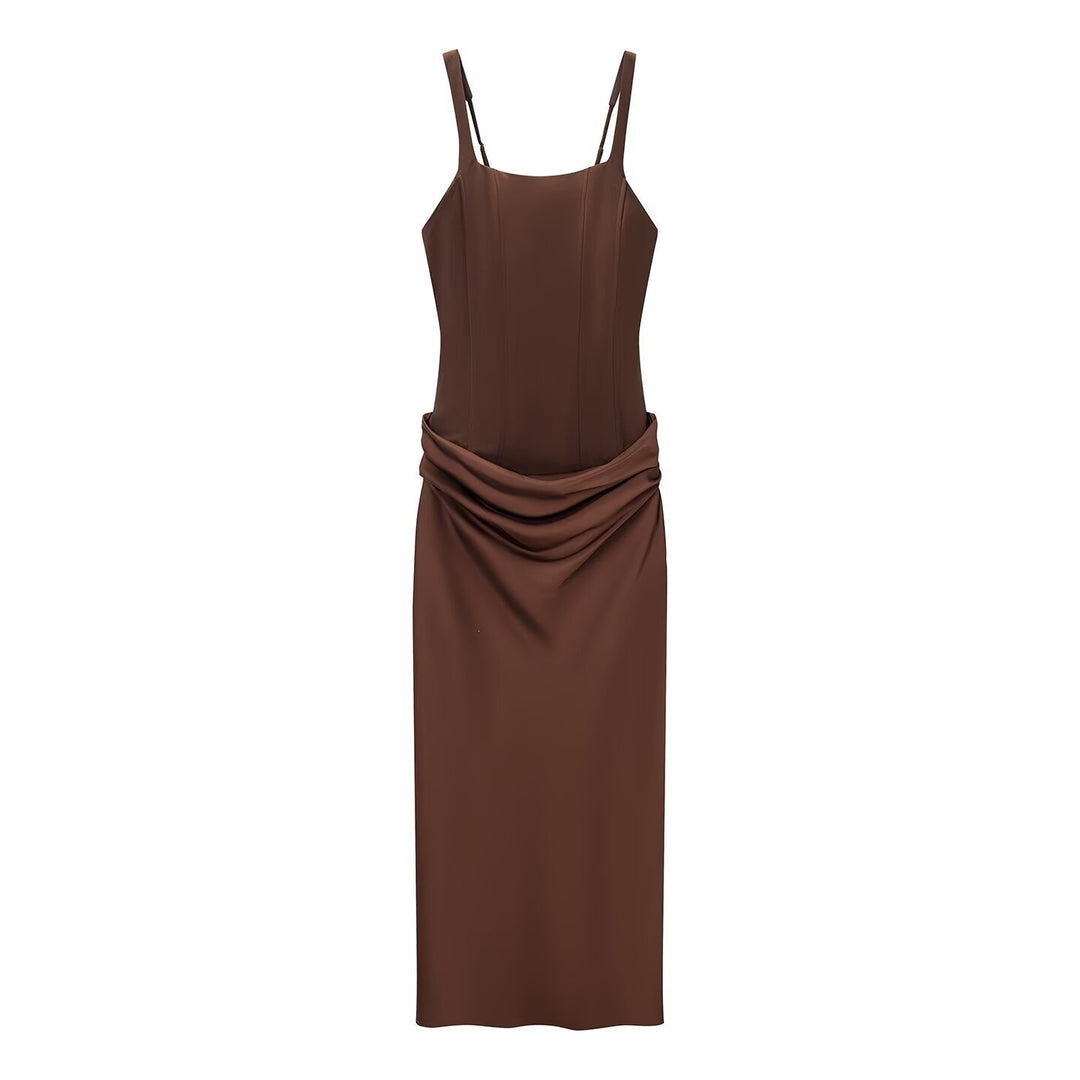 Damen elegantes Midikleid mit raffinierten Drapierungen und verstellbaren Spaghettiträgern EB