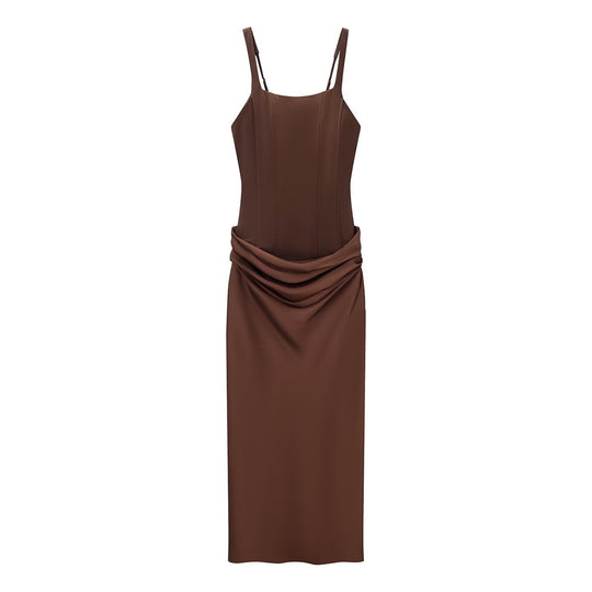 Damen elegantes Midikleid mit raffinierten Drapierungen und verstellbaren Spaghettiträgern EB