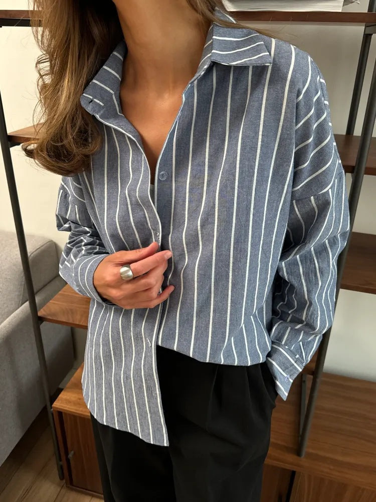 Damen lässige Bluse mit feinen Streifen und großzügigem Schnitt EB