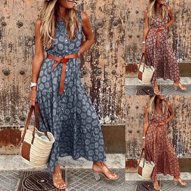 Damen Bohemian Maxi Kleid mit verstellbarem Gürtel EB