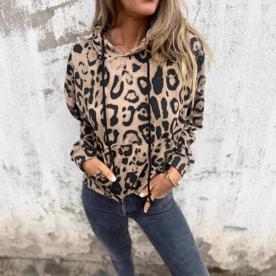 Damen Kapuzenpullover mit lässigem Leopardenmuster und praktischen Seitentaschen EB