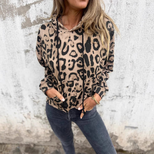 Damen Kapuzenpullover mit lässigem Leopardenmuster und praktischen Seitentaschen EB
