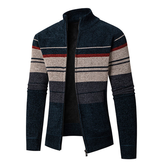 Herren modische Strickjacke mit kontrastierenden Streifen und hochabschließendem Kragen EB