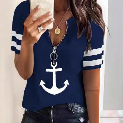 Damen Sportliches T-Shirt mit Reißverschluss und maritimen Motiven EB