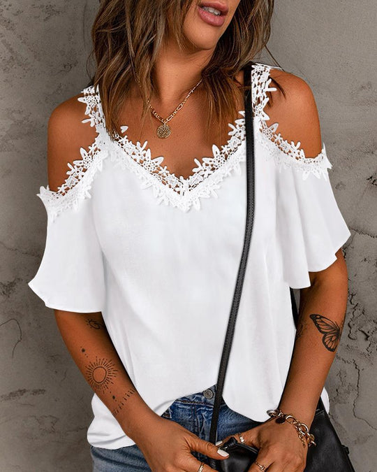 Damen Bluse mit Spitzendetails und schulterfreiem Design EB