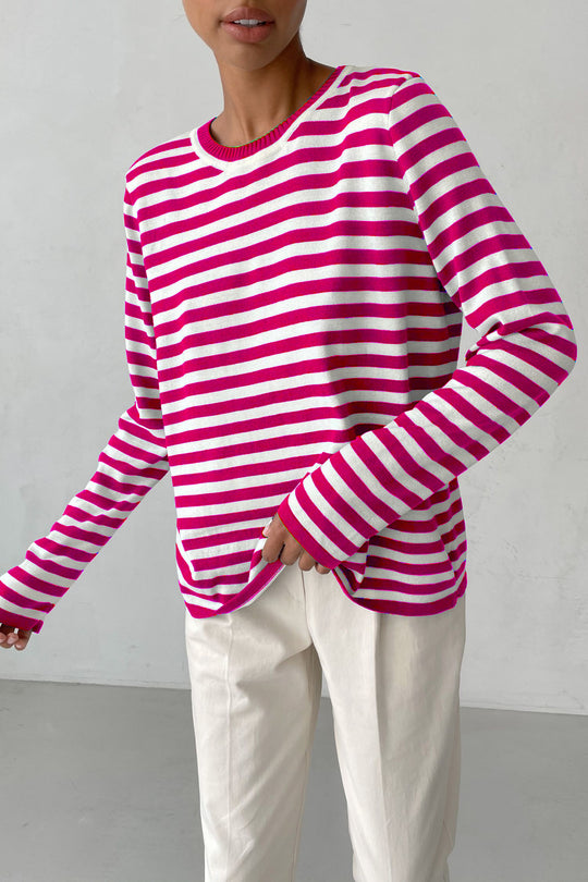 Damen nan gestreifter Baumwollpullover mit Rundhals und legerer Passform EB