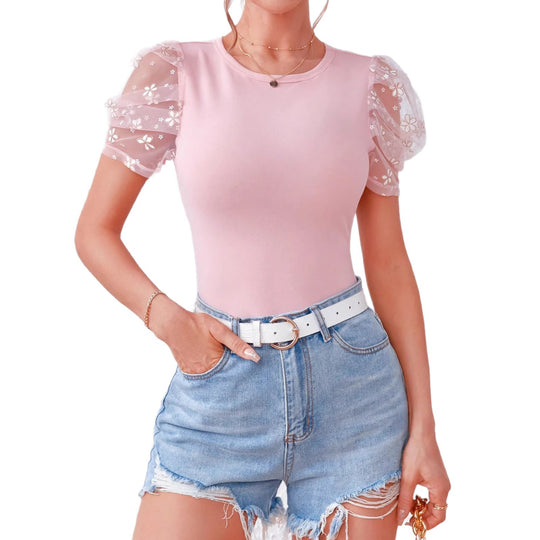 Damen Buntes T-Shirt mit Puffärmeln und Blumenmuster EB