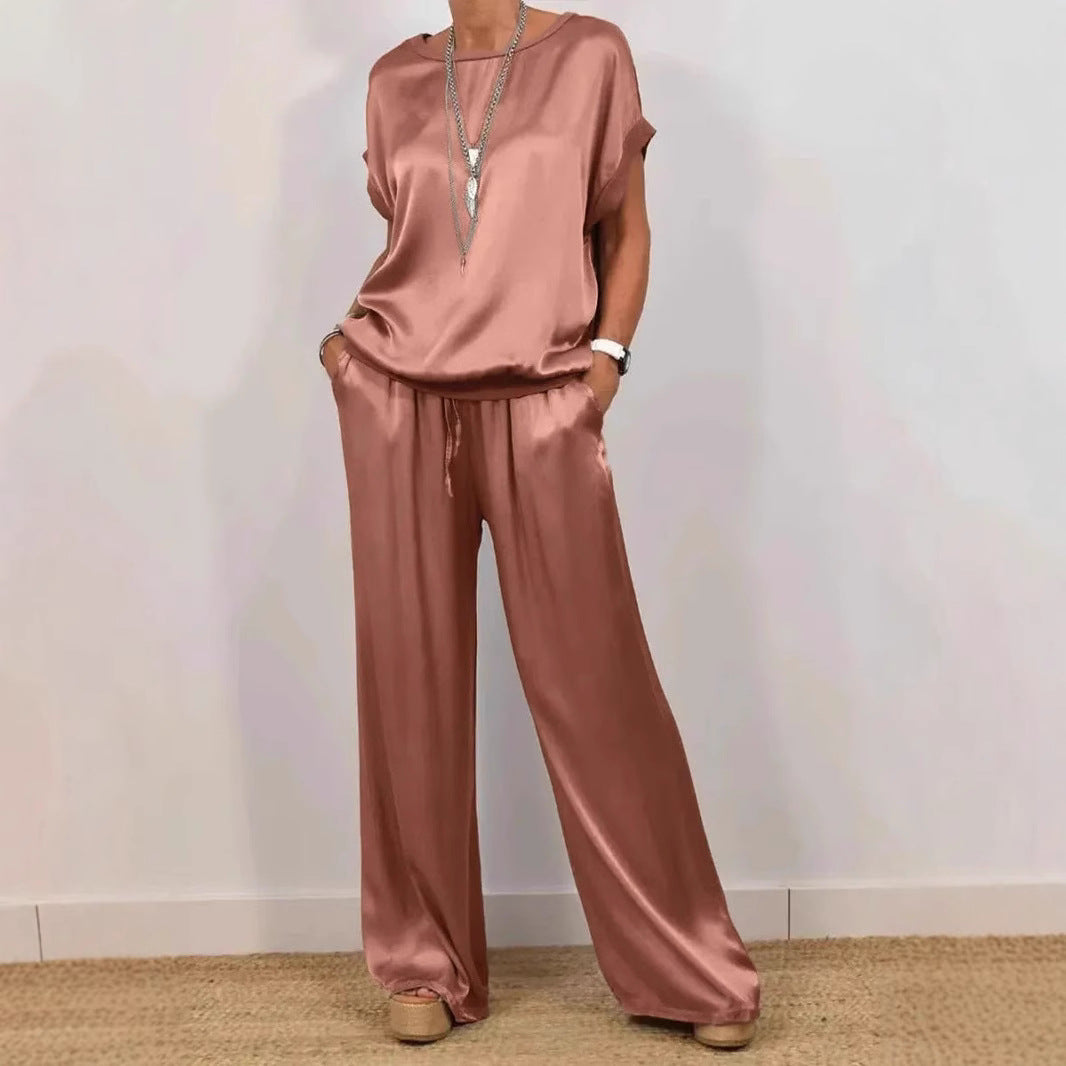 Damen Elegantes Satin Lounge-Set mit weitem Schnitt und lässigem Oberteil EB