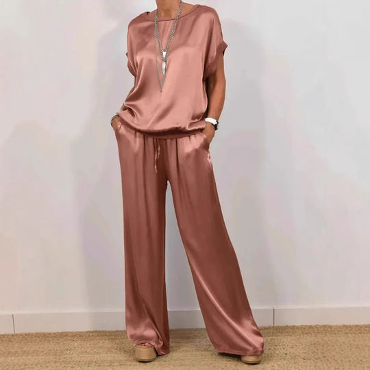 Damen Elegantes Satin Lounge-Set mit weitem Schnitt und lässigem Oberteil EB